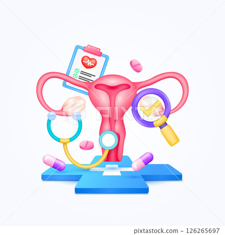 Uterus health care with doctor. Pills, Document form board and stethoscope check mark in magnifying glass looking diagnosis floating on cross medical symbols. 3d cartoon organ vector. Uterus health care with doctor. Pills, Document form board and stethoscope check mark in magnifying glass looking diagnosis floating on cross medical symbols. 3d cartoon organ vector. 126265697