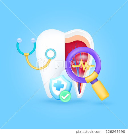 Teeth health check up with doctor. Yellow heart pulse in magnifying glass looking organ diagnosis and shield symbol cross, check mark button. Medical health care. Cartoon vector. 126265698
