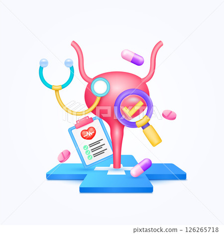 Bladder health care with doctor. Pills, Document form board and stethoscope check mark in magnifying glass looking diagnosis floating on cross medical symbols. 3d cartoon organ vector. 126265718