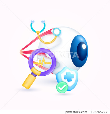 Eyeball health check up with doctor. Yellow heart pulse in magnifying glass looking organ diagnosis and shield symbol cross, check mark button. Medical health care. Cartoon vector. Eyeball health check up with doctor. Yellow heart pulse in magnifying glass looking organ diagnosis and shield symbol cross, check mark button. Medical health care. Cartoon vector. 126265727