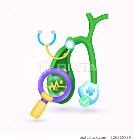 Gallbladder health check up with doctor. Yellow heart pulse in magnifying glass looking organ diagnosis and shield symbol cross, check mark button. Medical health care. Cartoon vector. 126265729