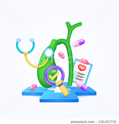 Gallbladder health care with doctor. Pills, Document form board and stethoscope check mark in magnifying glass looking diagnosis floating on cross medical symbols. 3d cartoon organ vector. 126265730