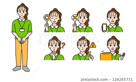 Illustration material set B of female caregivers in uniform (whole body, bust up / expressive expressions & poses) Illustration material set B of female caregivers in uniform (whole body, bust up / expressive expressions & poses) 126265731