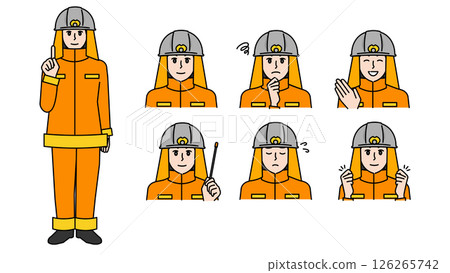 Illustration material set A of a male firefighter in uniform (full body, bust up / expressive facial expressions & poses) 126265742