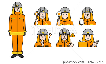 Illustration material set B of a male firefighter in uniform (full body, bust up / expressive facial expressions & poses) 126265744