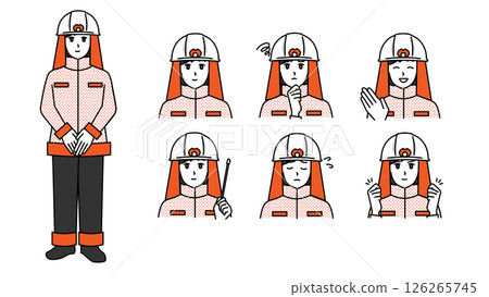 Illustration material set B of a female firefighter in uniform (full body, bust up / expressive facial expressions & poses) 126265745