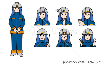 Illustration material set A of female firefighters in uniform (full body, bust up / expressive expressions & poses) 126265746