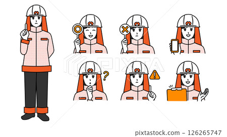 Illustration material set A of female firefighters in uniform (full body, bust up / expressive expressions & poses) 126265747