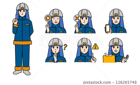 Illustration material set B of a female firefighter in uniform (full body, bust up / expressive facial expressions & poses) 126265748