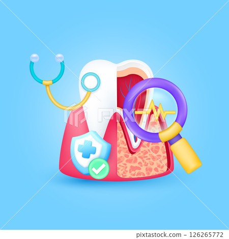 Gum teeth health check up with doctor. Yellow heart pulse in magnifying glass looking organ diagnosis and shield symbol cross, check mark button. Medical health care. Cartoon vector. 126265772