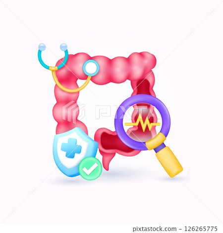 Intestine health check up with doctor. Yellow heart pulse in magnifying glass looking bladder diagnosis and shield symbol cross, check mark button. Medical health care. Organ anatomy cartoon vec Intestine health check up with doctor. Yellow heart pulse in magnifying glass looking bladder diagnosis and shield symbol cross, check mark button. Medical health care. Organ anatomy cartoon vec 126265775