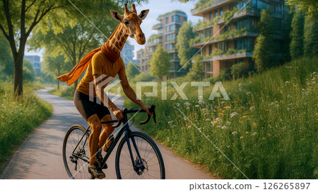 A giraffe rides on a bike path in a park inside a city block, a concept about inclusive eco spaces in an urban environment, a poster about the combination of nature and urban environment 126265897