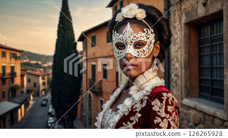 A woman wearing a carnival mask and an ornate baroque dress stands on the street of an old Italian town, a copy space about carnival traditions and a fantasy on themes of personal identity 126265928