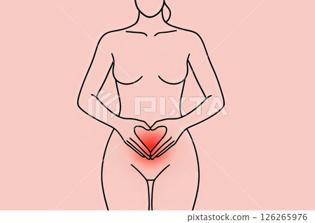 Cycle monitoring poster design shows female silhouette with hands on heart-shaped abdomen, cycle visualization clarifies hormonal phases, optimizes user interface for reproductive health tracking 126265976