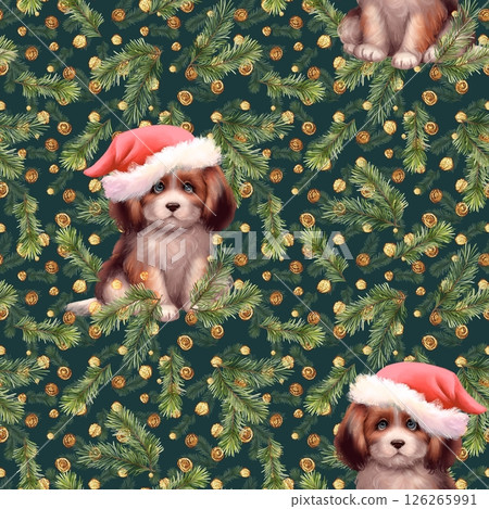 Seamless border pattern featuring adorable puppies in Santa hats with pine branches and cones, perfect for Christmas decor, holiday wrapping, and festive borders. 126265991