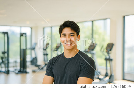 一位英俊的男人在健身房微笑。苗條而肌肉發達的日本男性的現實主義插圖。 一位英俊的男人在健身房微笑。苗條而肌肉發達的日本男性的現實主義插圖。 126266009