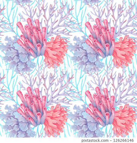 Marine seamless pattern with tubular, branched, lacy corals and seaweeds. Watercolor illustrations. Reef scene with flora and fauna elements. Hand drawn isolated art for fabric, textile, packaging Marine seamless pattern with tubular, branched, lacy corals and seaweeds. Watercolor illustrations. Reef scene with flora and fauna elements. Hand drawn isolated art for fabric, textile, packaging 126266146