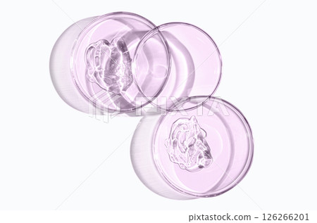 A sample of skin serum or moisturizing gel in a Petri dish. A cosmetic product. 126266201