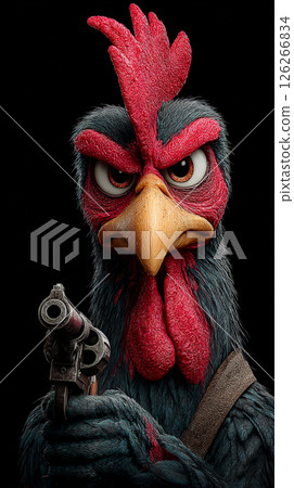 In this striking and surreal composition, a Chicken takes center stage, aiming a gun directly at the viewer against a pitch-black background. Generative AI 126266834