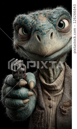 In this striking and surreal composition, a turtle takes center stage, aiming a gun directly at the viewer against a pitch-black background. Generative AI 126266843