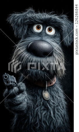 In this striking and surreal composition, a dog takes center stage, aiming a gun directly at the viewer against a pitch-black background. Generative AI 126266844