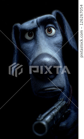 In this striking and surreal composition, a dog takes center stage, aiming a gun directly at the viewer against a pitch-black background. Generative AI 126267054