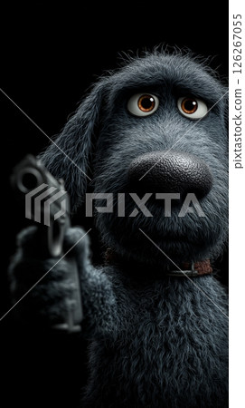 In this striking and surreal composition, a dog takes center stage, aiming a gun directly at the viewer against a pitch-black background. Generative AI 126267055