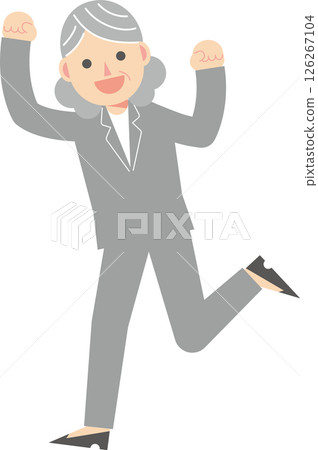 A woman in a suit jumping with a smile A woman in a suit jumping with a smile 126267104