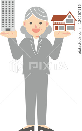 A woman in a suit holding up an apartment and a detached house 126267116