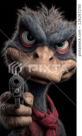 In this striking and surreal composition, a duck takes center stage, aiming a gun directly at the viewer against a pitch-black background. Generative AI In this striking and surreal composition, a duck takes center stage, aiming a gun directly at the viewer against a pitch-black background. Generative AI 126267250