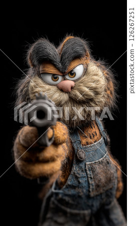 In this striking and surreal composition, a cat takes center stage, aiming a gun directly at the viewer against a pitch-black background. Generative AI 126267251