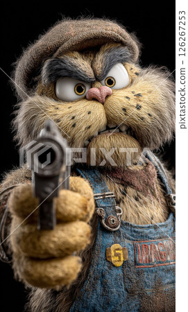 In this striking and surreal composition, a cat takes center stage, aiming a gun directly at the viewer against a pitch-black background. Generative AI 126267253