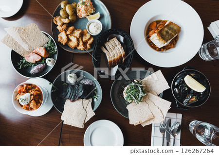 Traditional Norwegian seafood lunch spread Traditional Norwegian seafood lunch spread 126267264