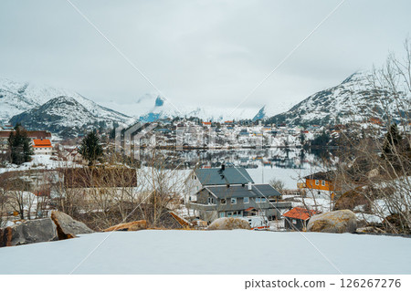 Winter aerial view of Svolvaer from Svolvaergeita trail 126267276