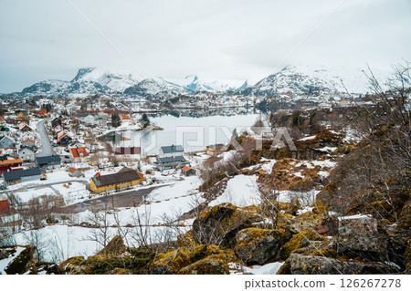 Winter aerial view of Svolvaer from Svolvaergeita trail Winter aerial view of Svolvaer from Svolvaergeita trail 126267278