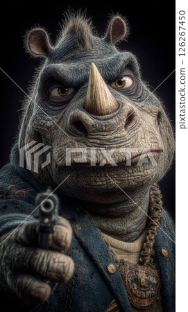 In this striking and surreal composition, a Rhinoceros takes center stage, aiming a gun directly at the viewer against a pitch-black background. Generative AI 126267450