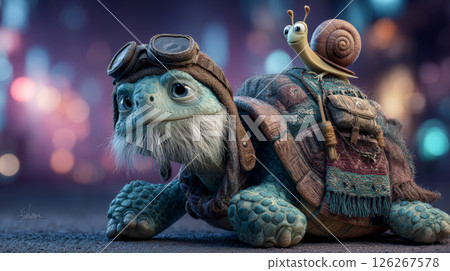 A whimsical side-view, full-body portrait of a mischievous old turtle with a snowy white beard and a glint of rebellion in his expressive eyes. Generative AI A whimsical side-view, full-body portrait of a mischievous old turtle with a snowy white beard and a glint of rebellion in his expressive eyes. Generative AI 126267578