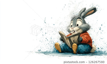 A whimsically illustrated grey bunny, dressed in a bright red T-shirt and blue pants, sits joyfully on the floor with an open book. Generative AI 126267580