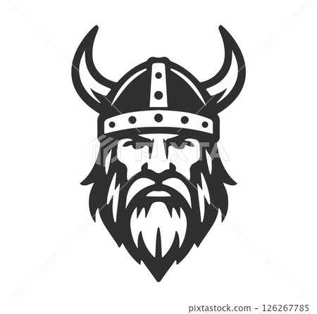 Nordic viking logo. Norse warrior icon sign template. Horned barbarian helmet symbol. Norseman Odin emblem. Vector illustration image. Isolated on white background. 126267785