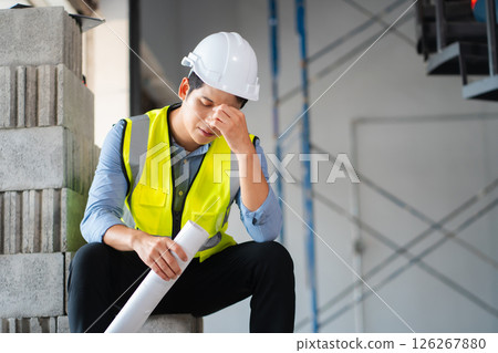 Concept of business failure and unemployment problem, unemployment stress Engineer sitting on stairs. Concept of business failure and unemployment problem, unemployment stress Engineer sitting on stairs. 126267880