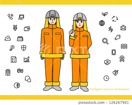 Firefighter male and female illustration material set B (full body, bust up, expressive expressions and poses) 126267981
