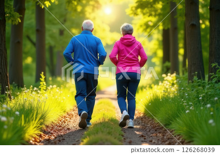 Gray-haired grandparents in tracksuits jogging in the park, view from the back Gray-haired grandparents in tracksuits jogging in the park, view from the back 126268039