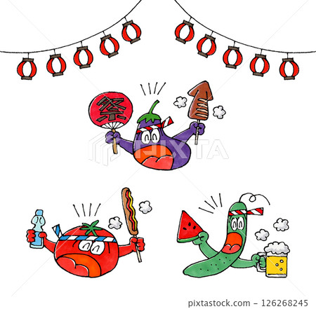 夏日祭典和夏季蔬菜人物（茄子、番茄、小黃瓜） 126268245
