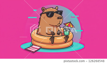Capybara relaxing in inflatable pool with drink for summer fun and leisure Capybara relaxing in inflatable pool with drink for summer fun and leisure 126268548