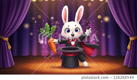 Magical bunny performing on stage with carrot and top hat for children's entertainment 126268549
