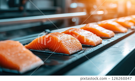 Fresh salmon fillets on production line in modern food processing plant Fresh salmon fillets on production line in modern food processing plant 126268847