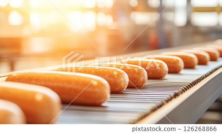Automated sausage production line with sunlit factory ambiance Automated sausage production line with sunlit factory ambiance 126268866