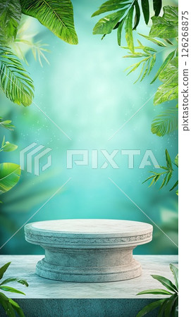 Tropical background with stone pedestal for display or product showcase 126268875
