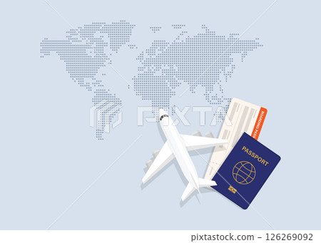 Passenger jet, boarding pass and passport, map stock illustration 126269092