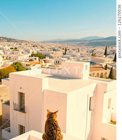 A white street and a cat standing there 126270036